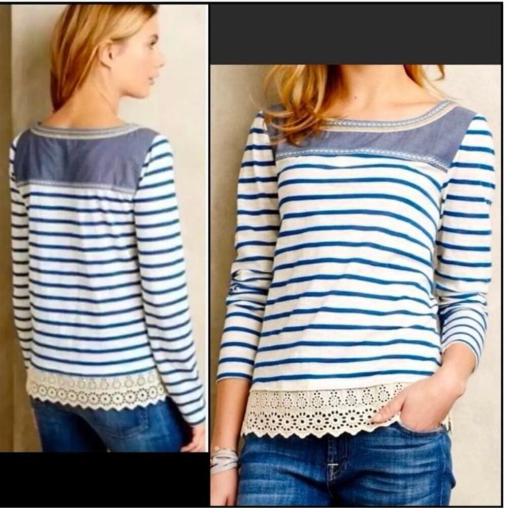 Anthro Little Yellow Button Crochet Lace Chambray stripe Top Sz S long sleeve